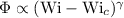 $\Phi \propto (\mathrm{Wi} -\mathrm{Wi}_c)^{\gamma}$