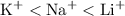 $\text{K}^{+}<{}\text{Na}^{+}<{}\text{Li}^{+}$